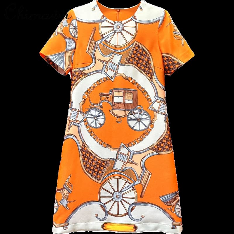 French Stunning Retro Printing Elegant Short-sleeved Loose Waist Dress 2025 New Fashion Round Neck Slim Temperament Short Dress