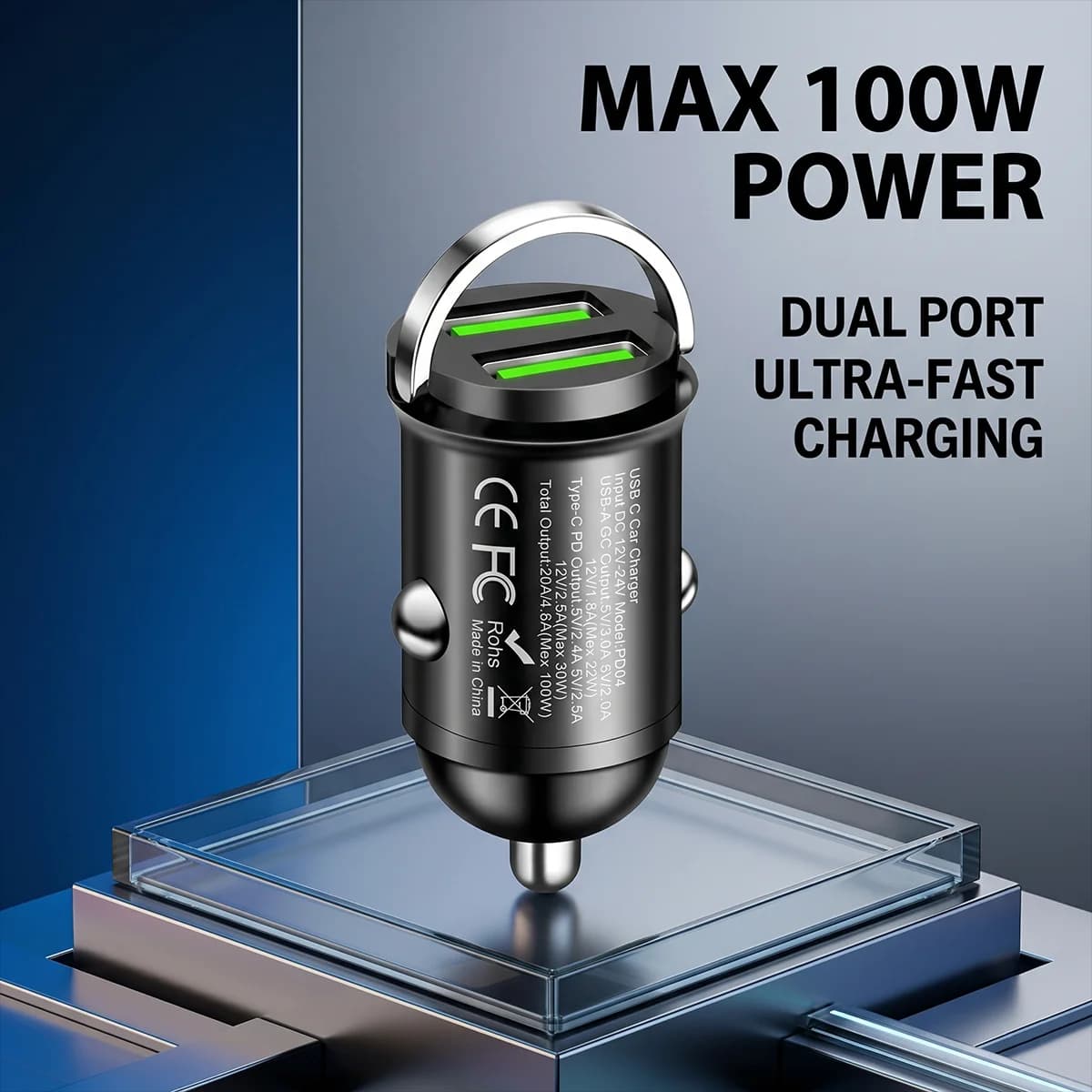 Mini Caricabatterie da Auto con Anello di Trazione 100W, Doppia Porta USB A QC, Ricarica Rapida, Adattatore a Incasso con Protezione Intelligente del Circuito per Uso Veicolare