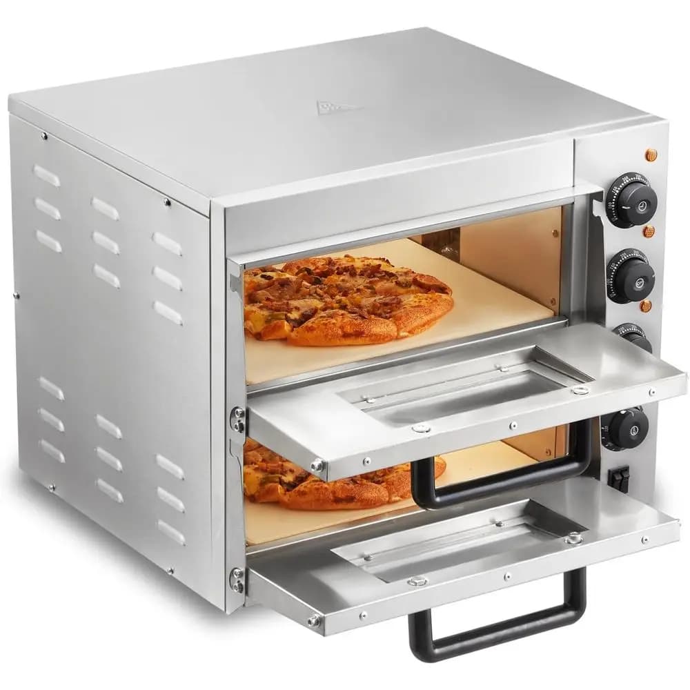 Forno Pizza Commerciale da Banco, Doppio Strato da 14 Pollici, Forno Elettrico per Pizza in Acciaio Inossidabile con Pietra e Maniglia, Multiuso per Interni