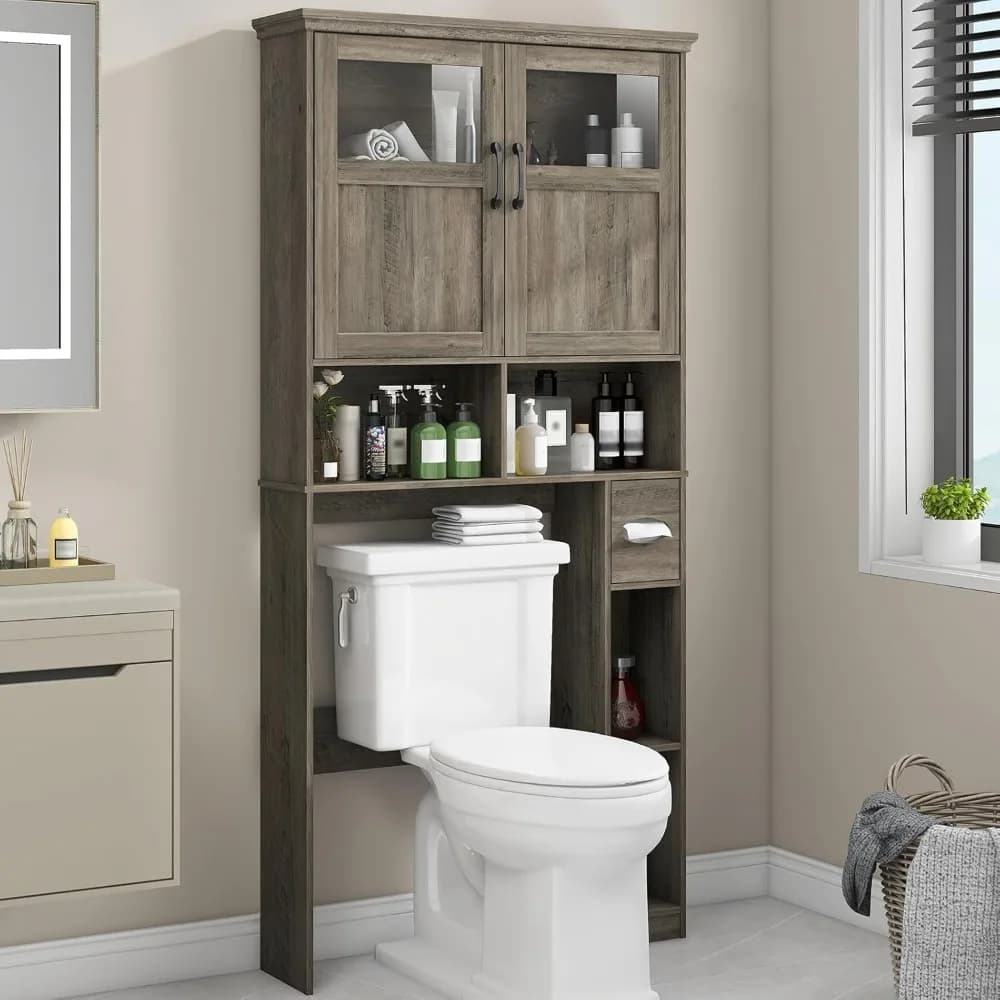 Armadietto portaoggetti sopra il WC con doppie ante, supporto porta carta igienica e ripiano regolabile