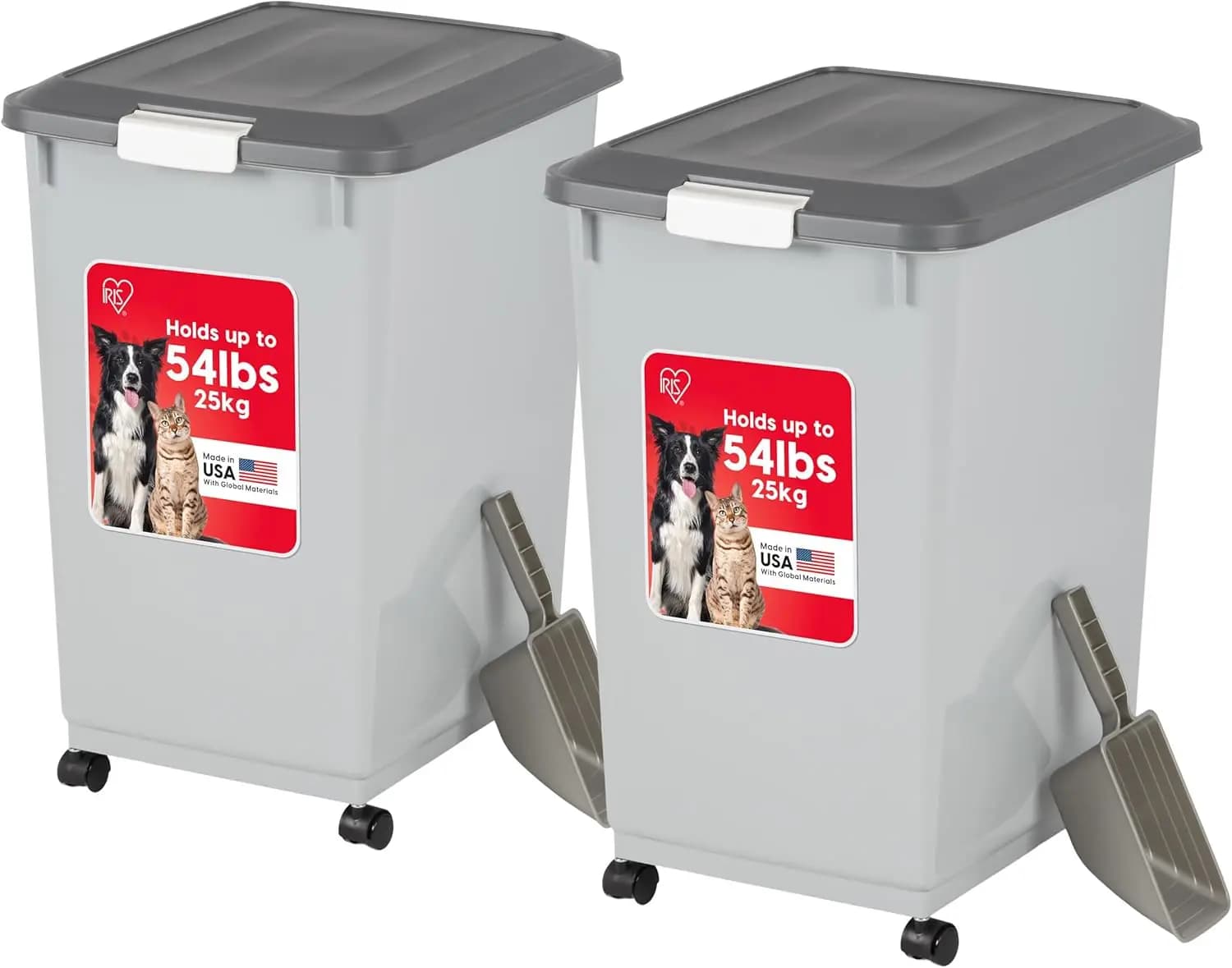 Contenitore per cibo per cani da 54 libbre con ruote, coperchio ermetico, paletta, contenitore portatile per animali domestici in grigio
