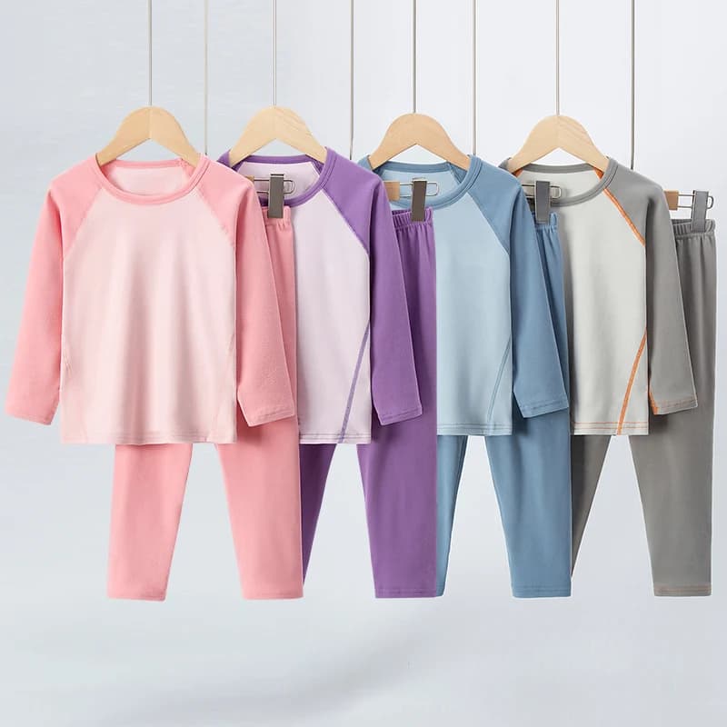 2/4-piece Autumn And Winter Children's Thick Brushed Color Blocked Warm Underwear Set For Boys And Girls Comfortable Sleepwear