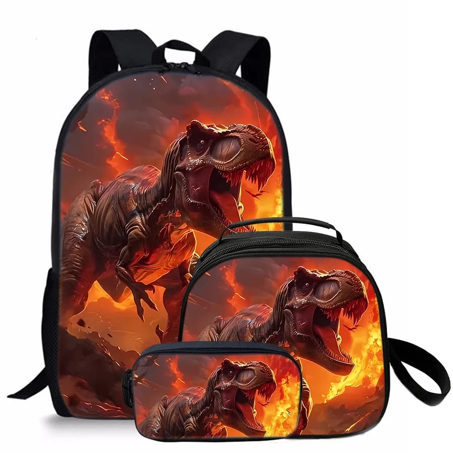 3 Pcs Set Dinosaur Round Lunch Bags ,Pencil Bags ,School Bags For Boy/Girls Best Gifts 2D Flat Cartoon Backpack For Children