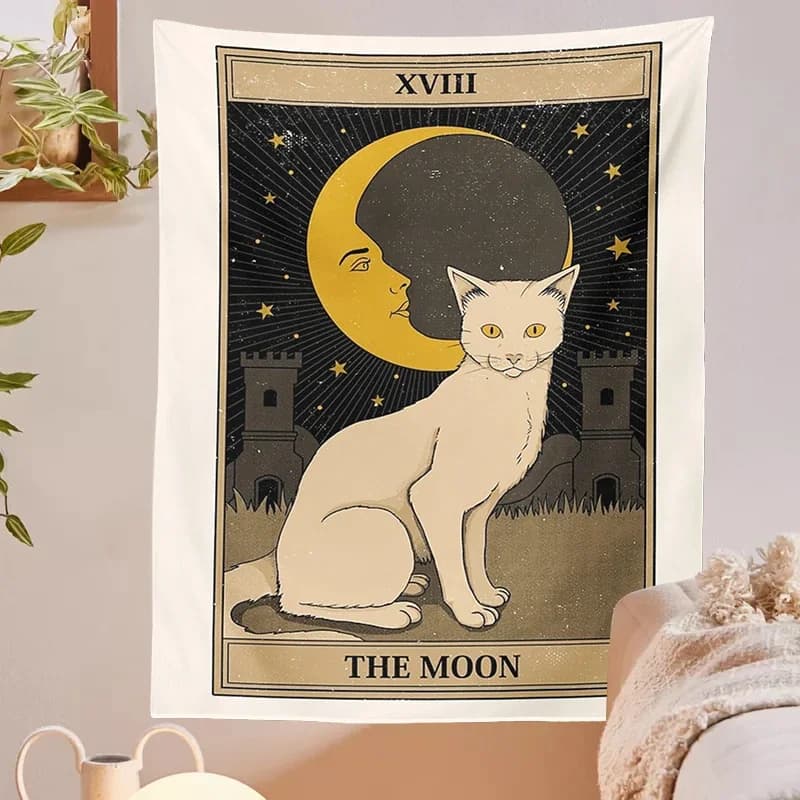 Carta dei tarocchi Arazzo Boho Appeso a parete Gatto Misterioso Divinazione Stregoneria Spiaggia Fasi lunari Estetica Room Decor Murale