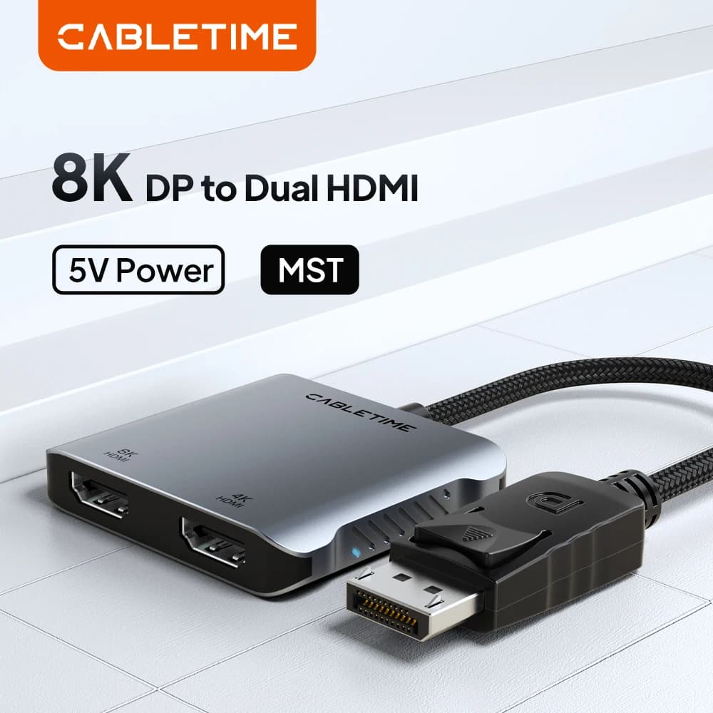 CABLETIME adapter from DisplayPort dual HDMI 8K MST 4K@60Hz, dual UHD LED display, from DP to HDMI for Mac laptop display