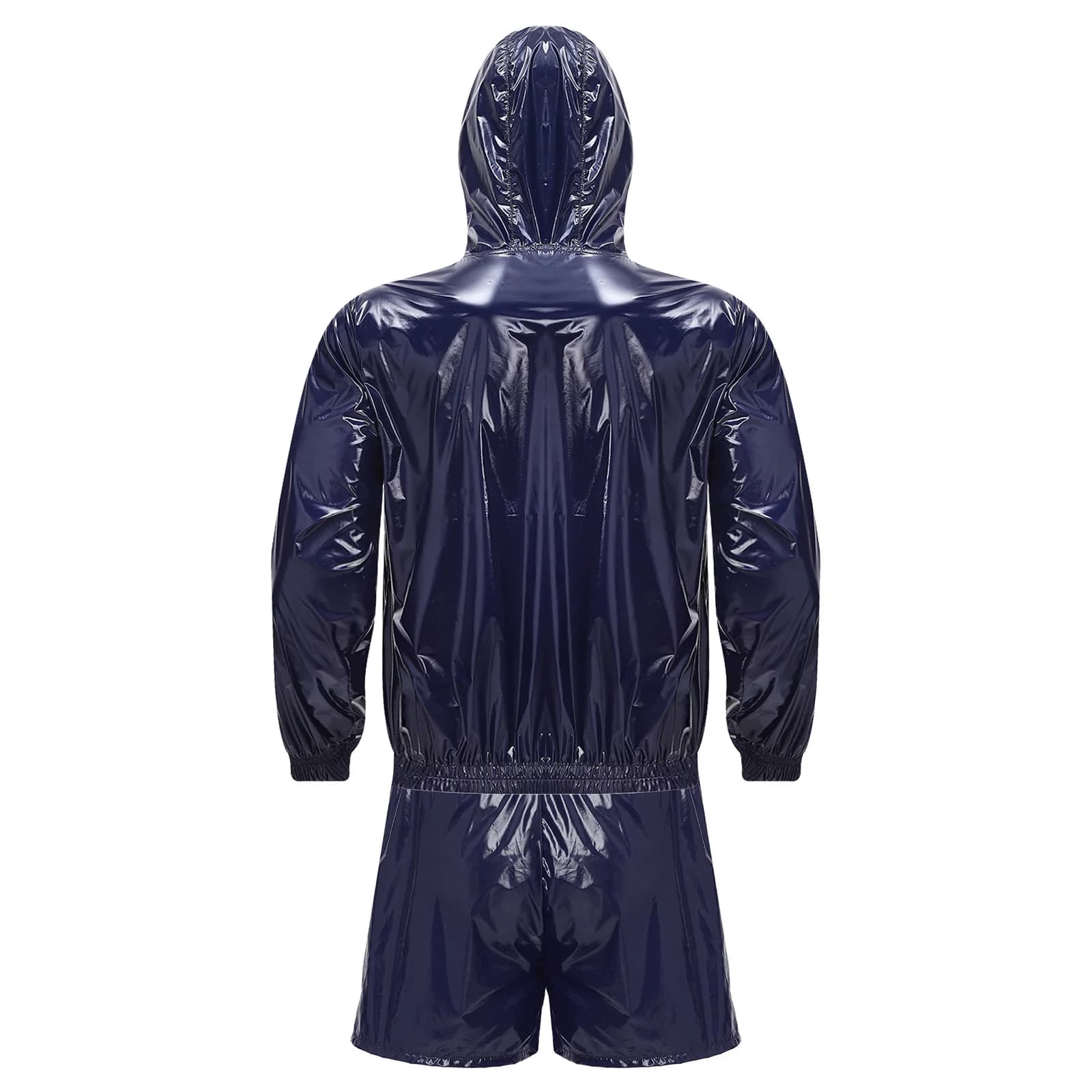 Mens Waterproof Sauna Outfit Glossy Sweat Suit Hooded Tracksuit Fitness Training Hooded Jacket with Jogging Boxer Shorts Outfits