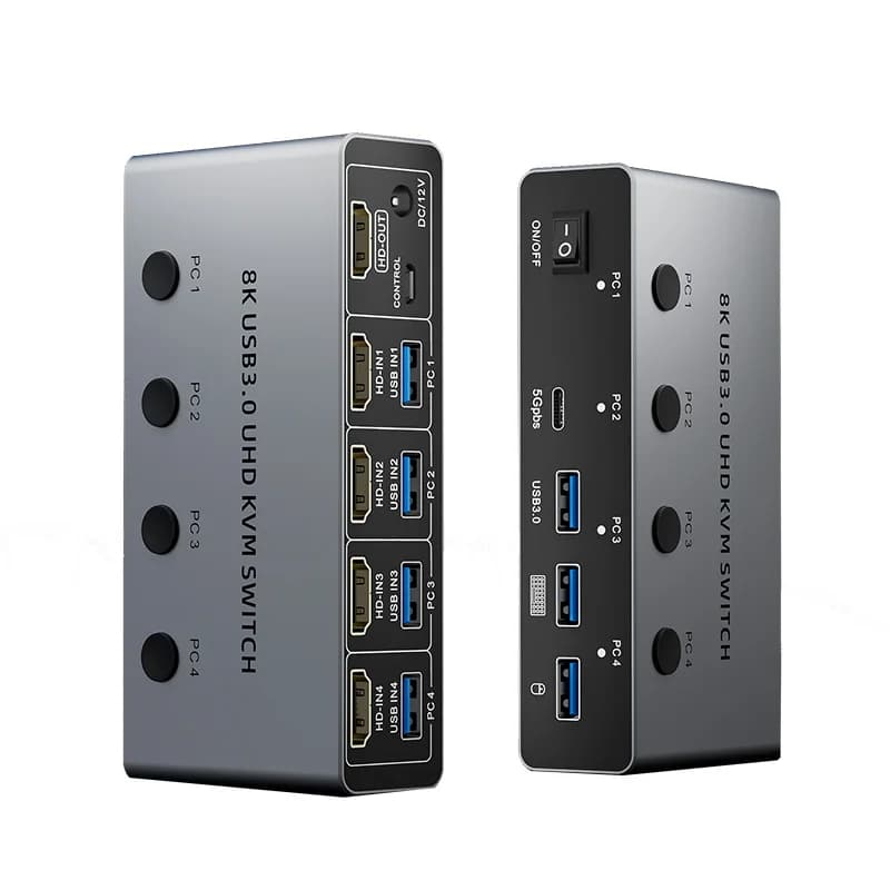 HDMI KVM Switch 2.1 8K 60Hz for 4 computer USB 3.0 Switcher at 4 ports 4K at 120Hz for 4 PC Share Keyboard Mouse Hard Disk Printer
