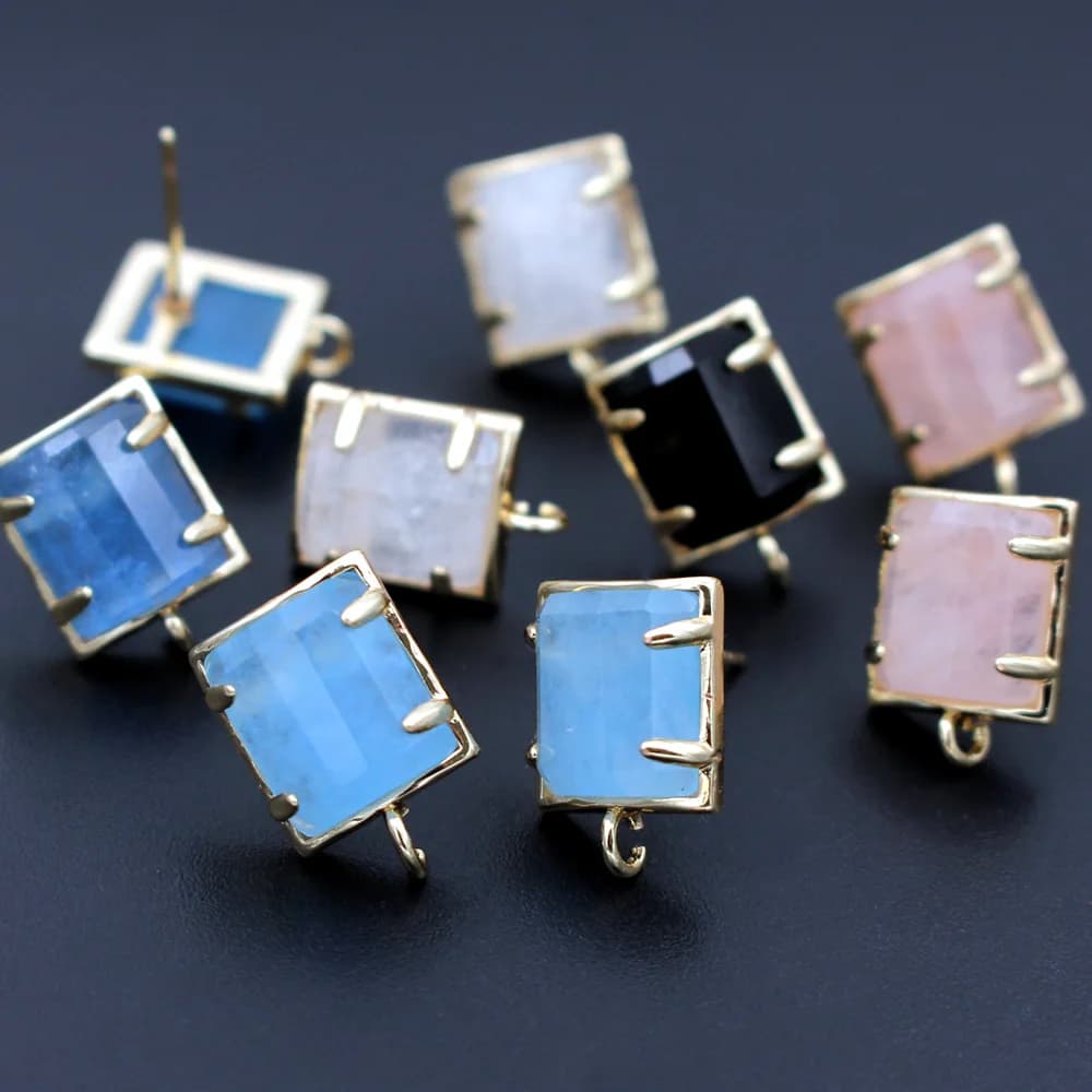 6 paia di orecchini a bottone in pietra rettangolare colorata, quarzo bianco, orecchino in pietra blu nera con connettori ad anello aperto, gioielli fai da te