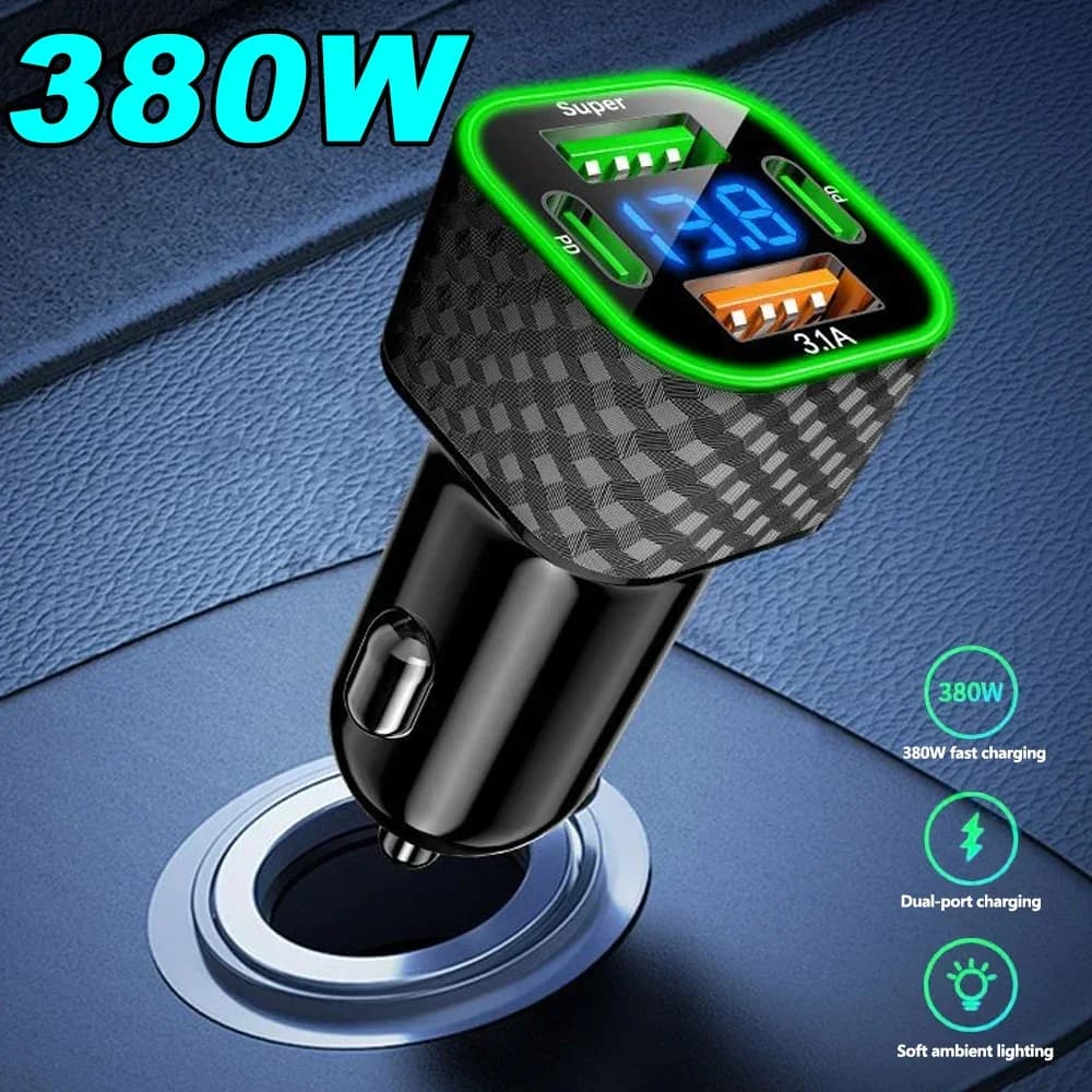 Caricabatterie per Auto 4 in 1 USB C Dual PD con Display di Tensione, Adattatore di Ricarica Super Veloce 380W per iPhone/Android/Samsung Galaxy