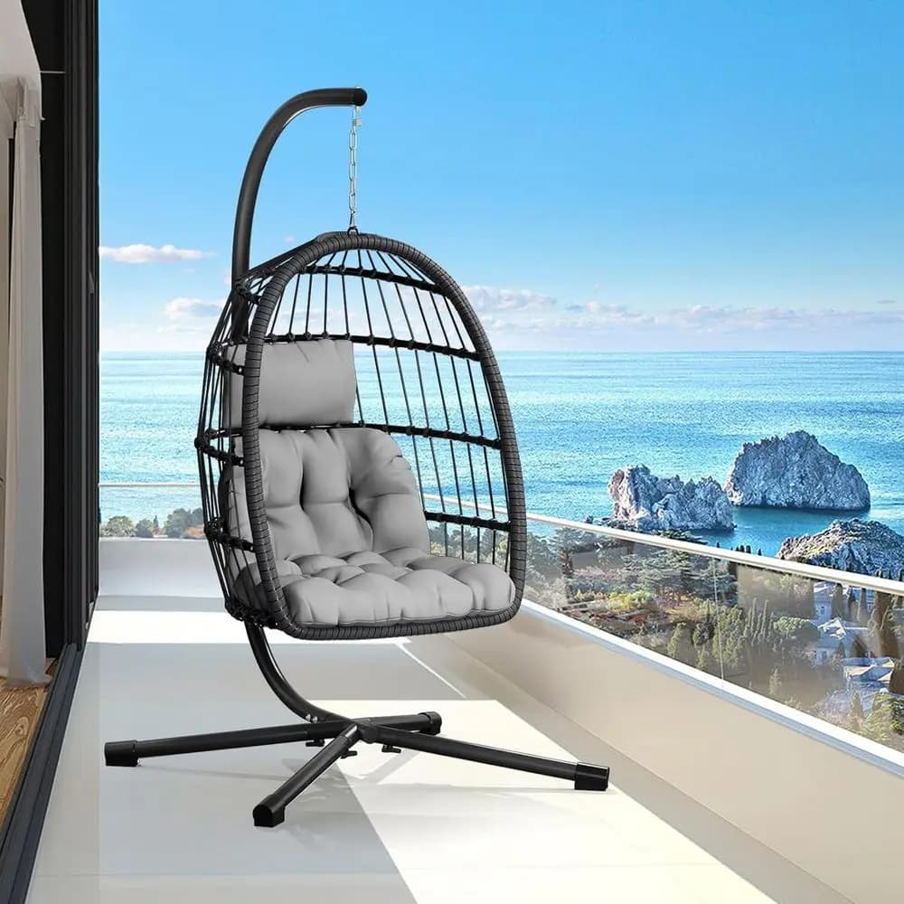 Outdoor Rattan Wicker Swing Egg Chair with UV-Resistant Cushion, Durable Steel Frame, Supports Up to 350lbs