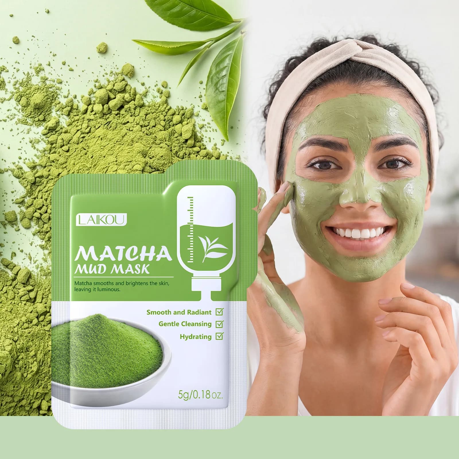 LAIKOU Maschera al Fango di Matcha 5g, Pulizia Delicata, Idratante, Illuminante, per una Pelle Liscia e Radiosa