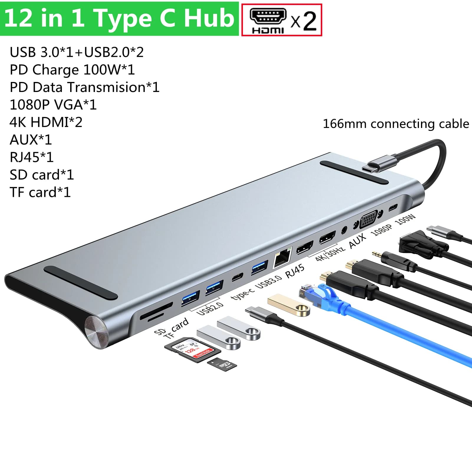 Type C 11/12 in 1 hub with 4K multiport adapter compatible with HDMI Dock Station USB 3.0 RJ45 SD/TF VGA PD for Laptop MacBook iPad