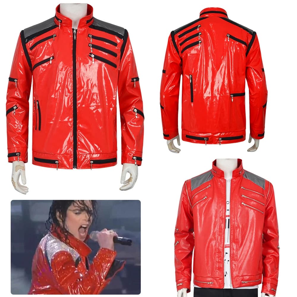 Giacca Rossa Punk di Michael Jackson per Cosplay, Giacca in Pelle Rossa con Cerniera Personalizzata Stile Beat It MV