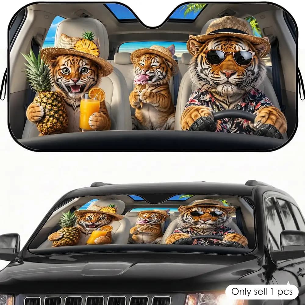 Parasole per Auto Pieghevole Tiger Driving, Copertura Isolante UV in Alluminio Riutilizzabile per Parabrezza Anteriore