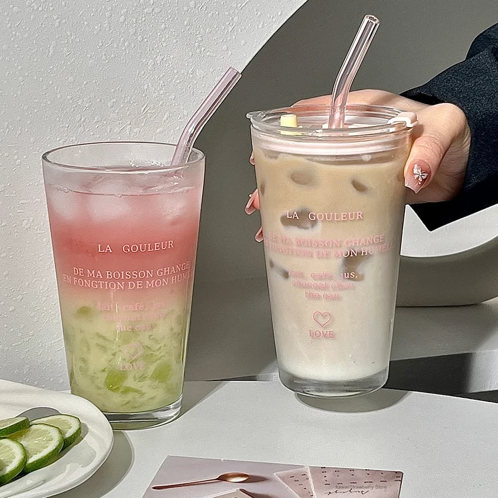 Cute Glass Cup With Straw And Lid Letter Tumbler 450ml Iced Coffee Juice Tea Glass Drinking Cups Transparent Bubble Tea Cup Gift