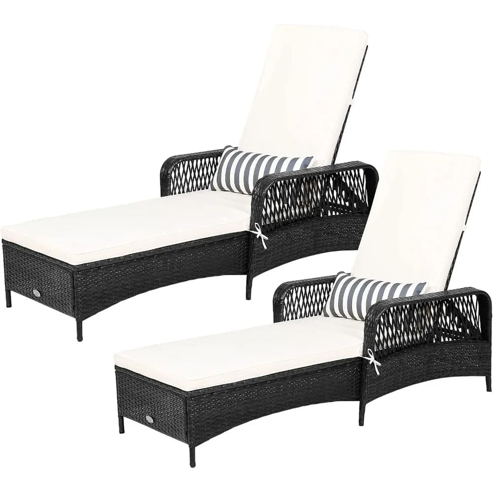 Chaise longue da patio in rattan, poltrona reclinabile per il tempo libero all'aperto con cuscino spesso, cuscino lombare, schienale regolabile a 6 marce e piede antiscivolo