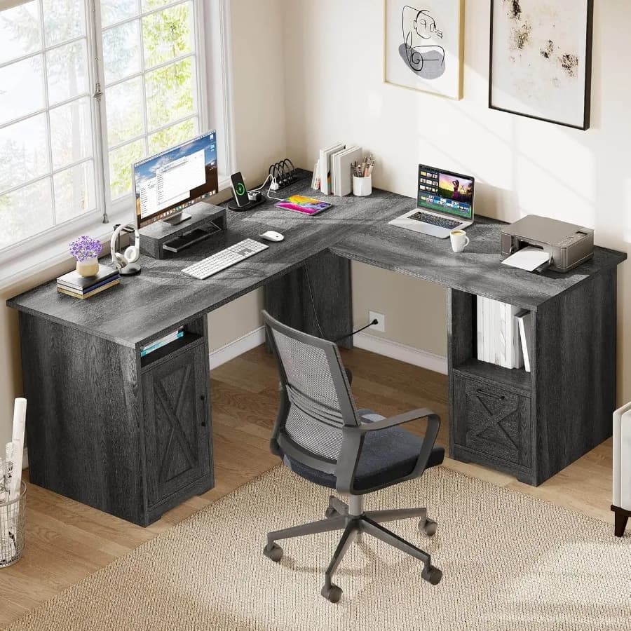 L-shaped desk with 60-angle computer desk drawer with current sockets Home office desk with monitor support and storage space