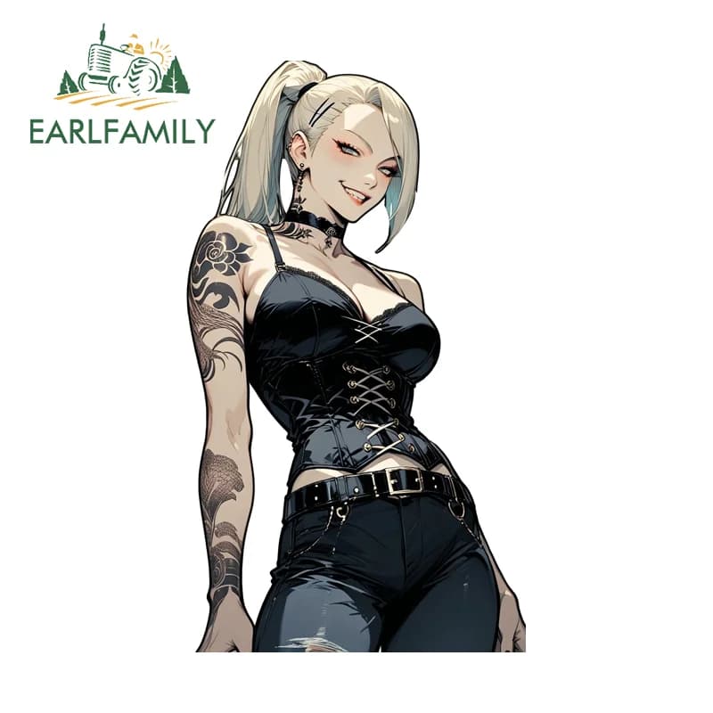 EARLFAMILY Gothic Black Tattoo Cool Girl NSFW Car Stickers Artistic Skateboard Surfboard Decals Sunscreen Trolley Accessories