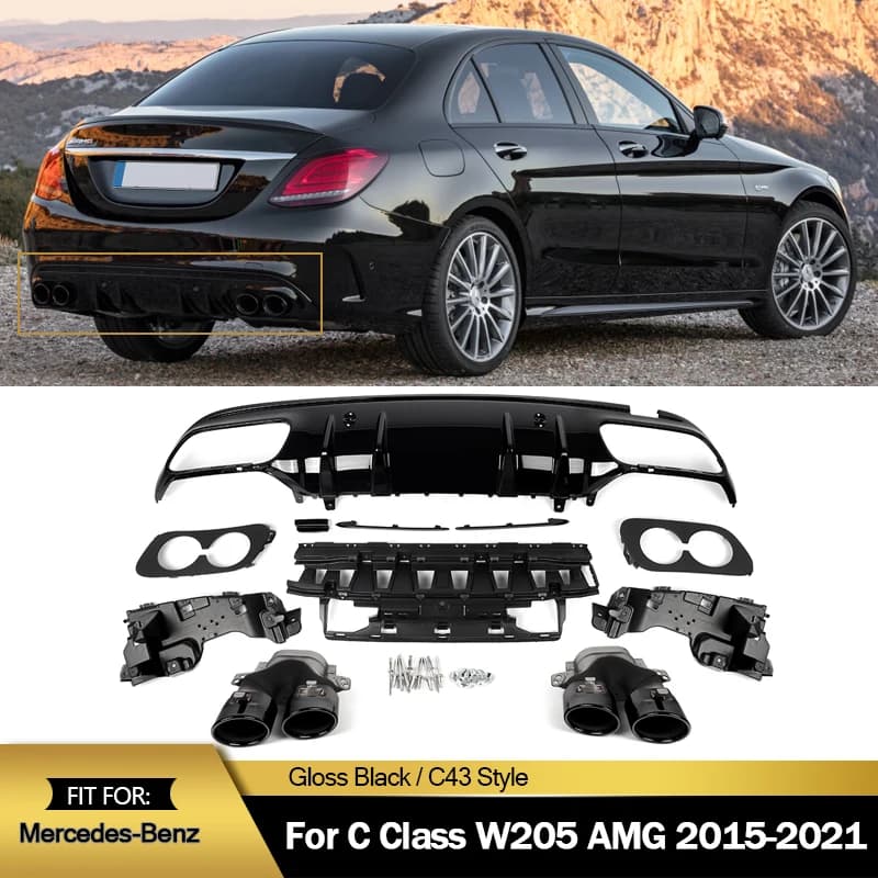 Per Mercedes W205 C300 14-18 C43 AMG Style Diffusore posteriore Lip Gloss Scarico nero