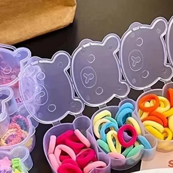 Elastico Forcina Scatola portaoggetti in quattro pezzi Orso Scatola di plastica trasparente Orecchini Gioielli Scatola di imballaggio con classificazione multi-griglia