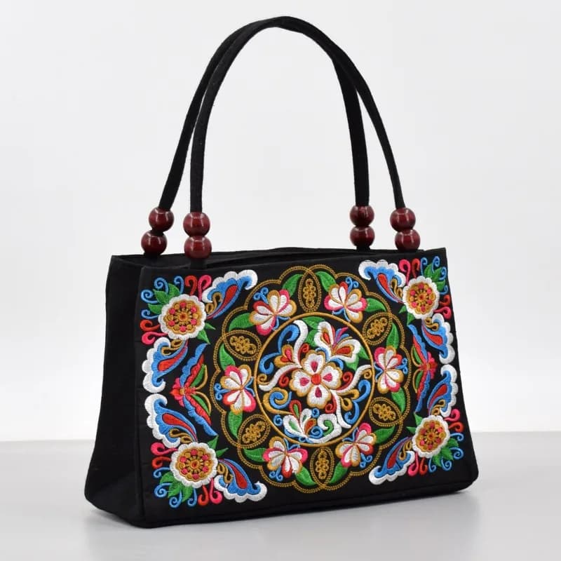 Borsa etnica ricamata su entrambi i lati con decorazioni di perline in legno, borsa in tela con doppia cerniera, portafoglio portatile per telefono da donna
