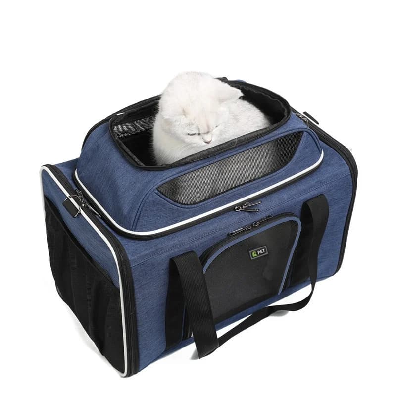 Borsa da trasporto per animali traspirante con design a rete Porta cuccioli da viaggio pieghevole con spazio superiore espandibile Borse con lato morbido per cani blu