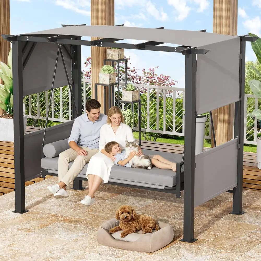 Dondolo da veranda con supporto e tettuccio regolabile 2 in 1, sedia amaca sospesa convertibile da esterno con cuscino ispessito