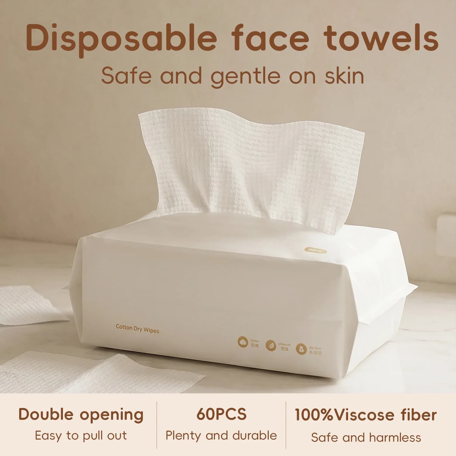 60PCS Natural Pearl Cotton Disposable Face Towels for Travel Wet And Dry Nonwoven Facial Cleansing Makeup Remover Soft Towel