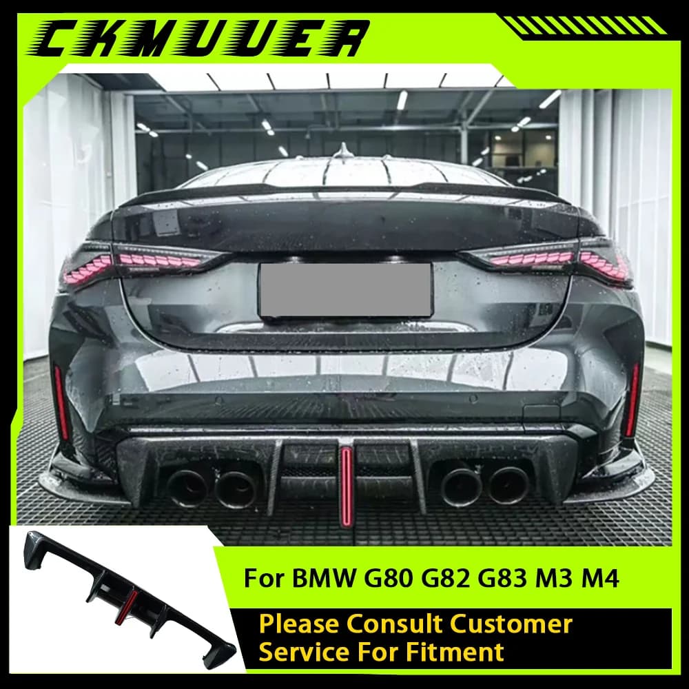 CKMUUER Carbon Fiber For BMW G80 G82 M3 M3 M4 2021 + Rear Diffuser With Led Light Auto Lip Spoiler Poster Accessories Lip Guard