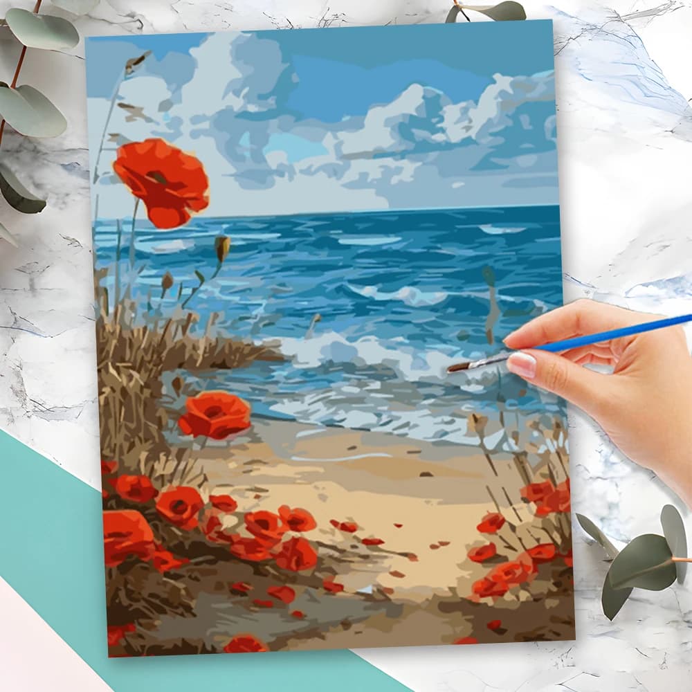 Momoart Kit Pittura Paesaggistica con Numeri su Tela, Quadro Fai da Te con Numeri, Cornice Inclusa, Fiori di Papavero, Decorazione Murale per Casa e Camera da Letto