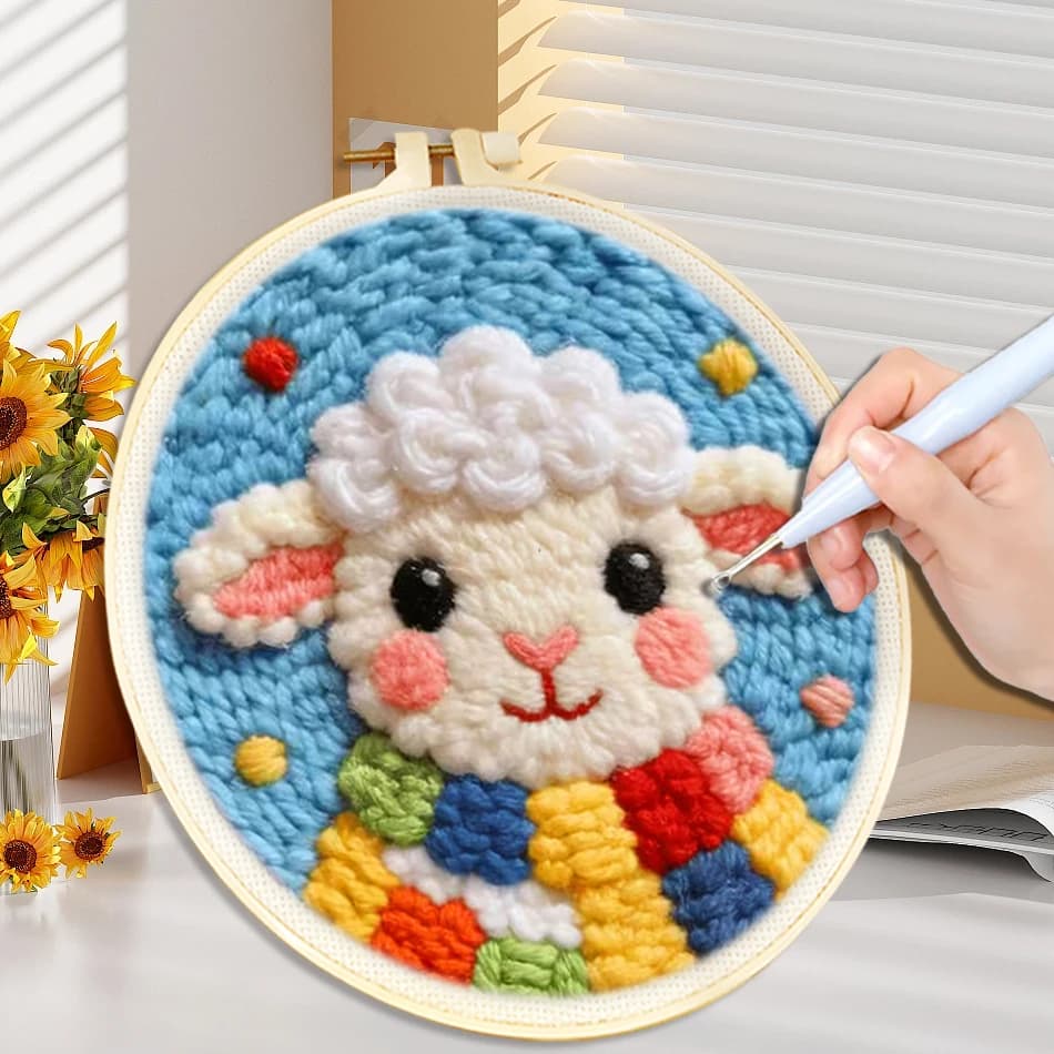 DIY Punch Needle Kits Cute Animal Pattern Cotton Fabric With Hoop For Beginners Yarn Embroidery Starter Set Craft Home Decor