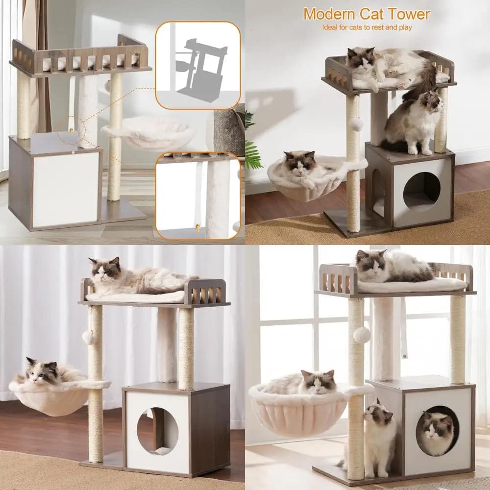Torre per gatti in legno con 3 tiragraffi, Condo per gatti da interno con grotta di legno, pesce persico in peluche, cestino e pompon, grigio rustico