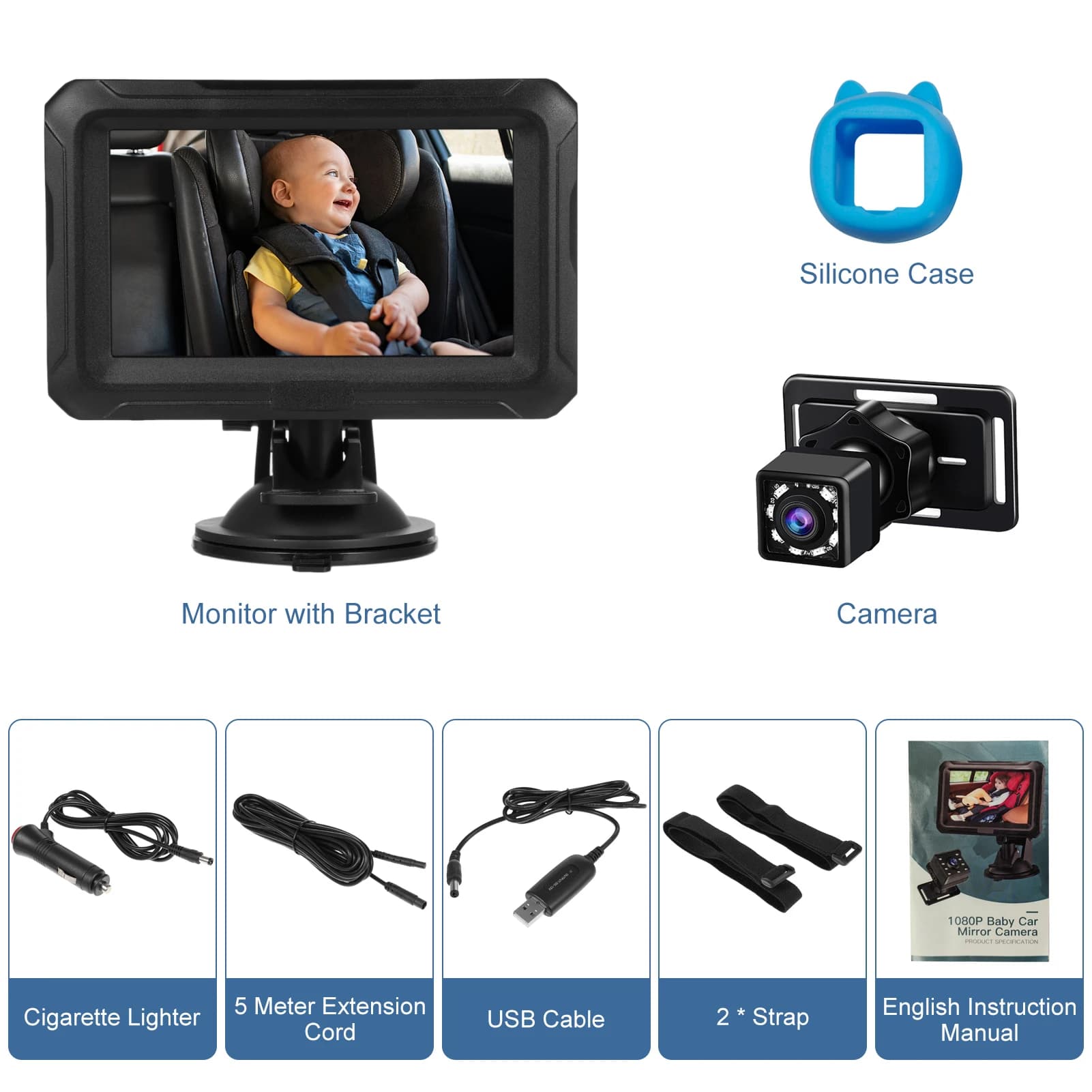 Monitor per auto con telecamera per bambini da 4,3 pollici, 1080P, con connettore USB, visione notturna 150° ° Specchietto Retrovisore per Auto con Angolo di Visione Ampio per Bambini e Animali Domestici