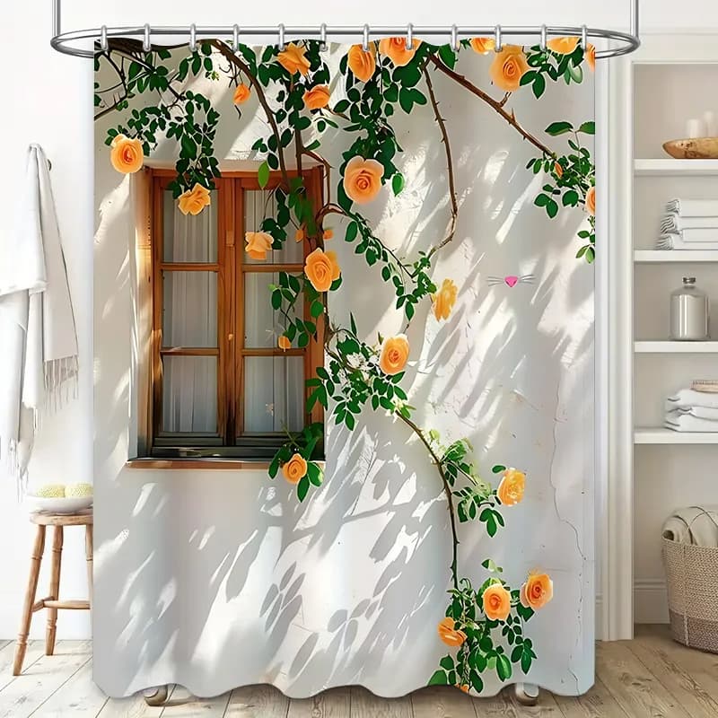 Elegante tenda da doccia floreale per bagno - Rose gialle vibranti su sfondo bianco - Design impermeabile e durevole Facile da pulire