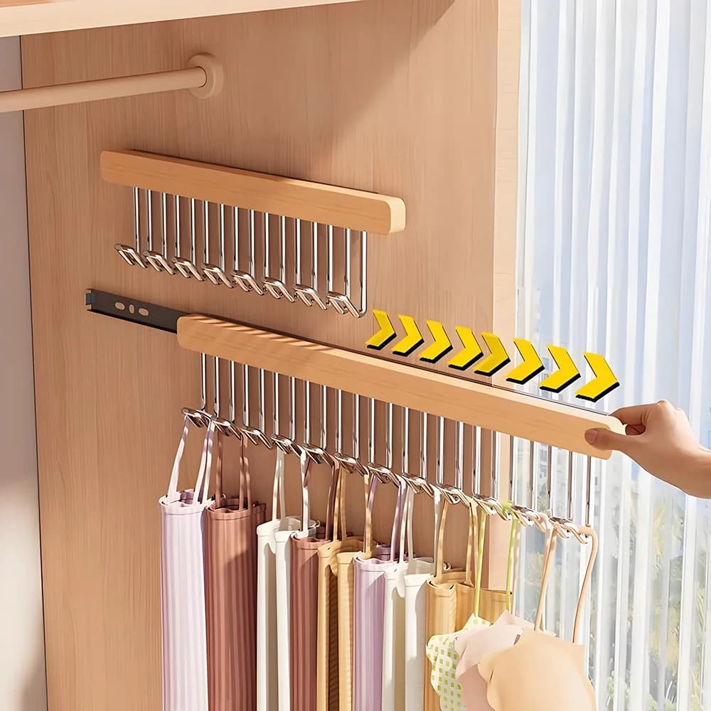 Appendiabiti in Legno Retrattile con 8/12 Ganci, Organizzatore Multifunzionale per Reggiseni, Appendiabiti da Parete per Armadio