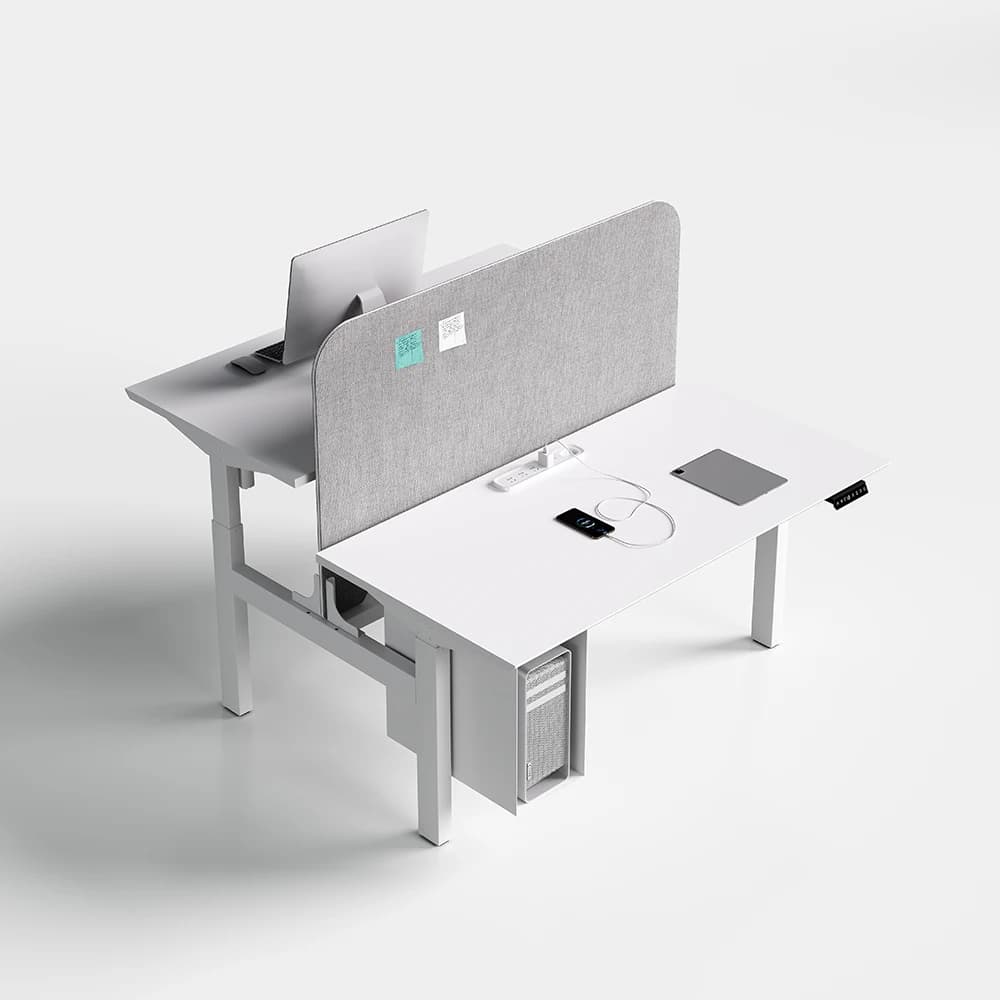 Scrivania in piedi con telaio a doppio motore regolabile in altezza dal design moderno, scrivania da ufficio con supporto per cuffie in legno da 140 cm
