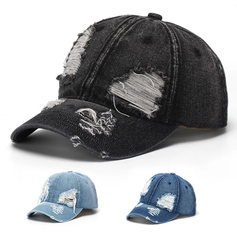 Retro Ripped Washed Denim Baseball Cap Distressed Soft Top Duckbill Cap Frayed Curved Brim Sun Hat Sun Protection