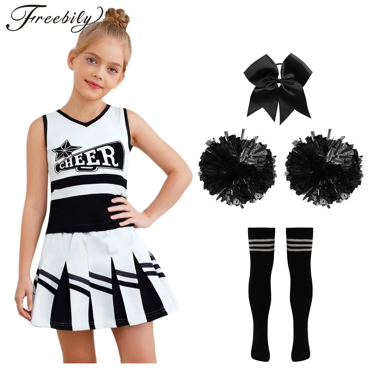 Bambini Ragazze Carnevale di Halloween Cheerleader Costume da spettacolo cosplay Gilet con gonna a pieghe Elastici per capelli Calzini con palline di fiori