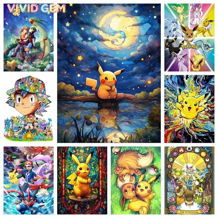 VIVID GEM Pokemon Pikachu 5D DIY Diamond Painting Cross Stitch Cute Cartoon Art Mosaic Round Embroidery Home Decor Kids Gift