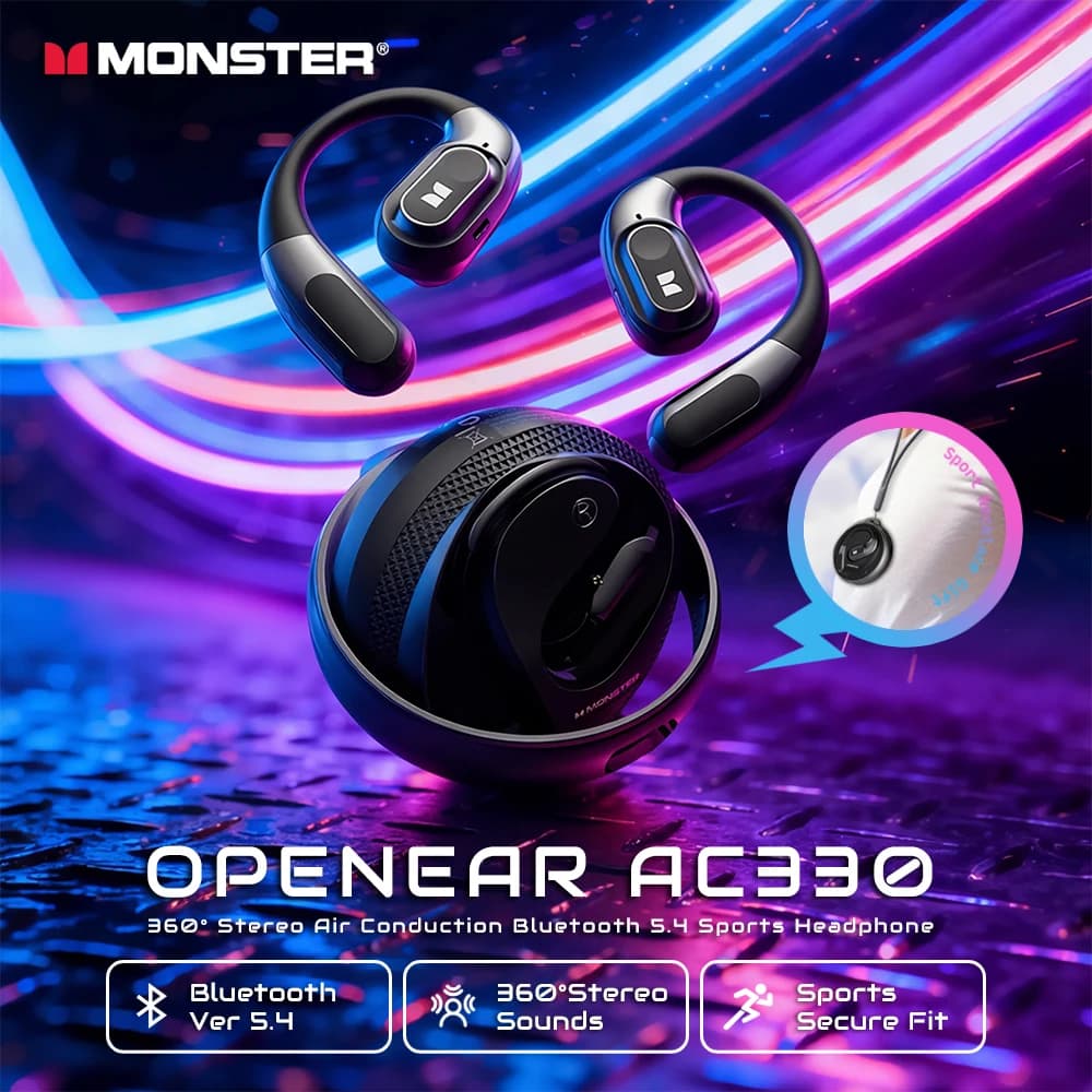 Bluetooth 5.4 Monster Open Ear AC330 Headphones, Air-Conduction Sports Audibles, Stereo HiFi TWS Wireless with Lace
