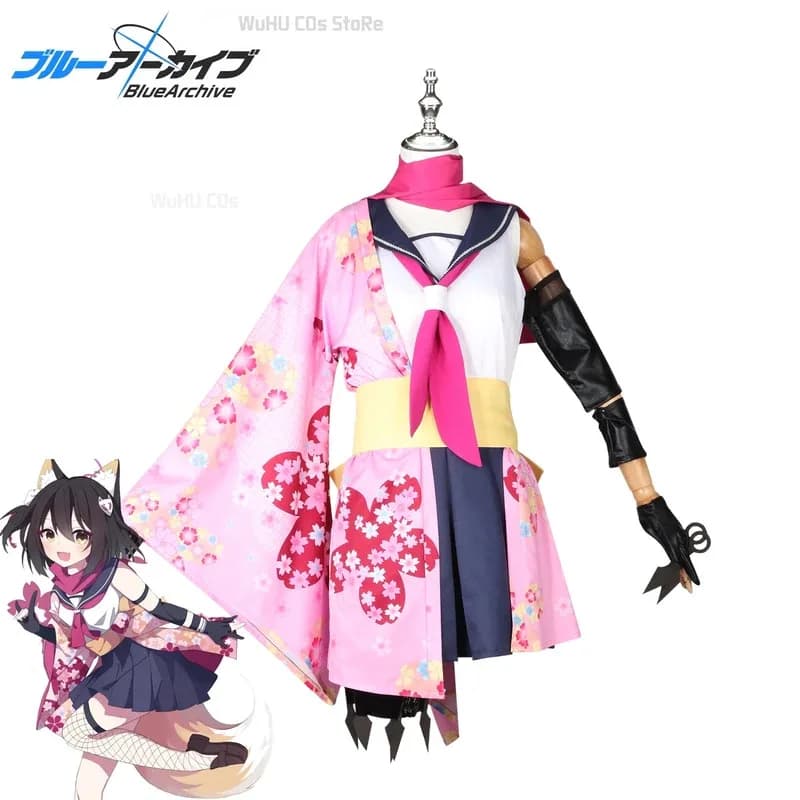 Gioco Blu Archivio Kuda Izuna Costume Cosplay Bella Stampata Kimono Uniforme Parrucca Halo Donne Halloween Party Gioco di Ruolo Suita; 6'x, 9;y
