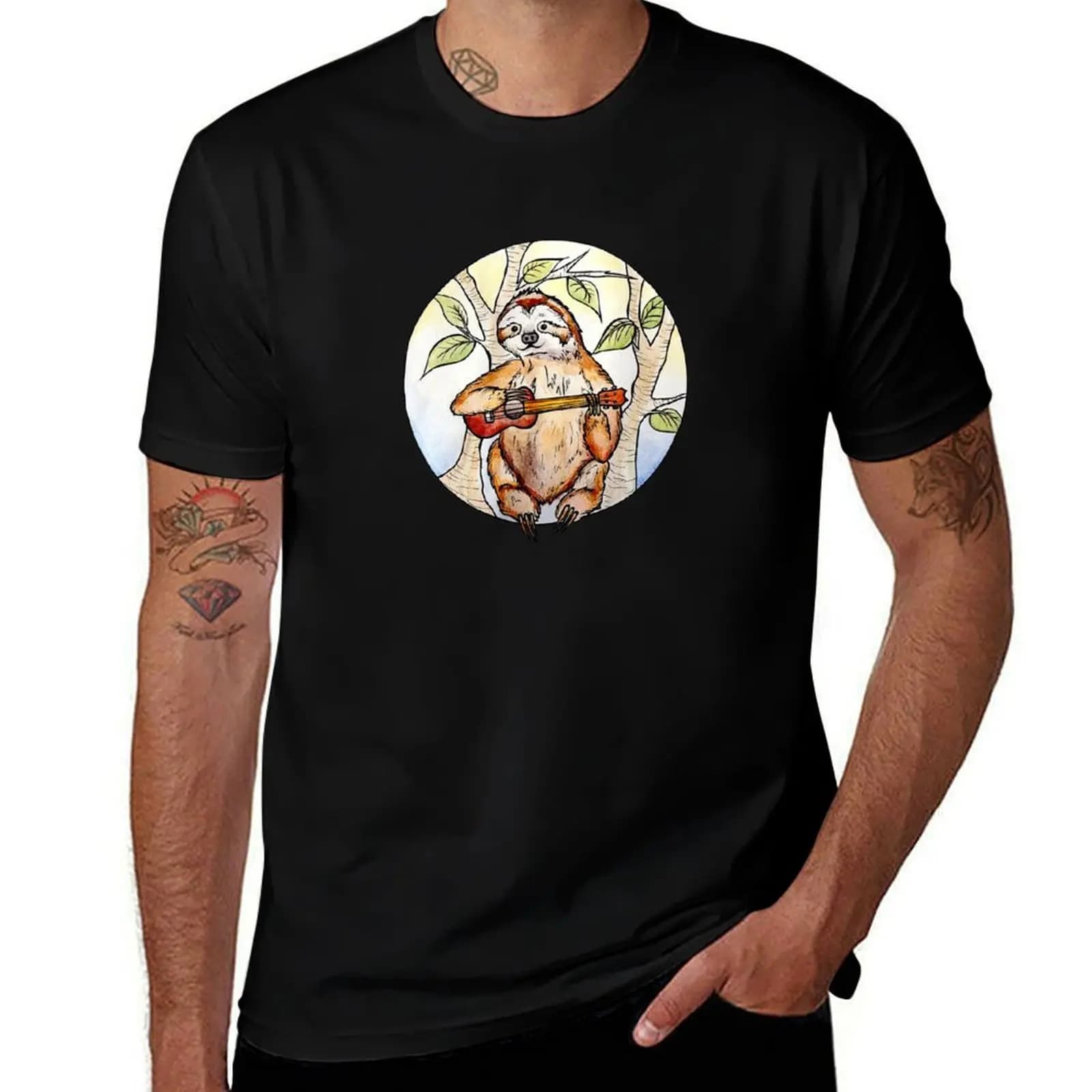 T-shirt con stampa di una scimmia che suona il ukulele, modello basic con scollo rotondo e maniche corte