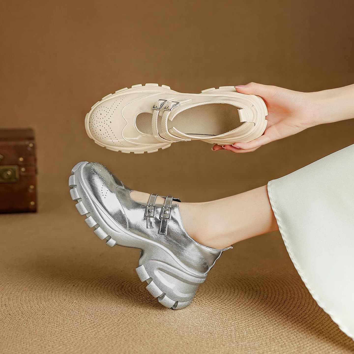 2026 new spring summer women pumps natural leather 22-25.5cm cowhide+sheepskin+pigskin hollow-out buckle platform women shoes