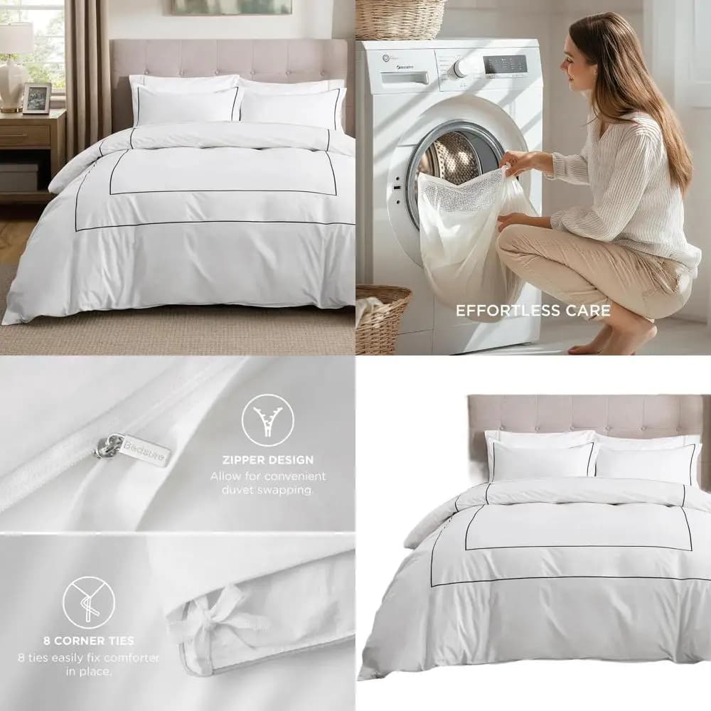 Copripiumino per hotel di lusso king size, set biancheria da letto ricamata in cotone bianco al 100%, include 1 copripiumino 104x90 pollici con cerniera C