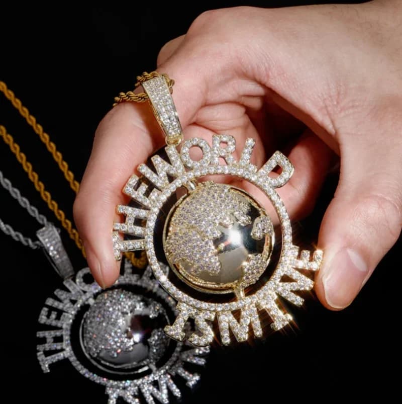 Collana con Ciondolo Globo Terrestre Hip Hop e Catena Tennis, Accessori Moda Uomo per Halloween