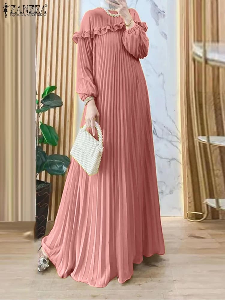 ZANZEA Elegante Hijab O Collo Maxi Vestito A Pieghe Donne Solido Musulmano Islamico Abaya Robe Lanterna Manica Casual Ruffles Abiti