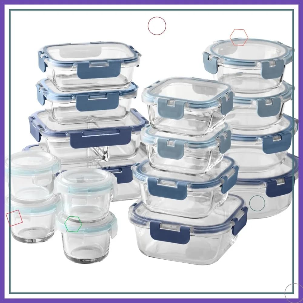 Set da 32 Pezzi Set di Contenitori per Alimenti in Vetro Borosilicato - 4 Rettangolari, 8 Rotondi, 4 Quadrati con Coperchi Ermetici per Preparazione e Conservazione dei Pasti