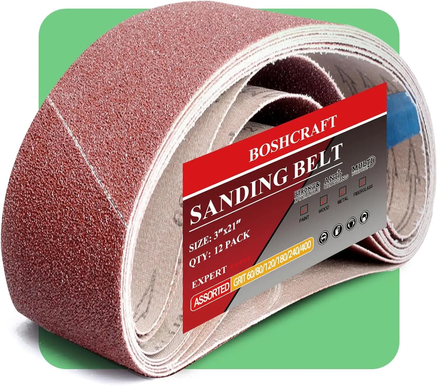 Confezione da 21 Nastri Abrasivi 3x21 Pollici, Grane Assortite 40-400 per Levigatrice a Nastro, Lavorazione del Legno e Lucidatura Metalli