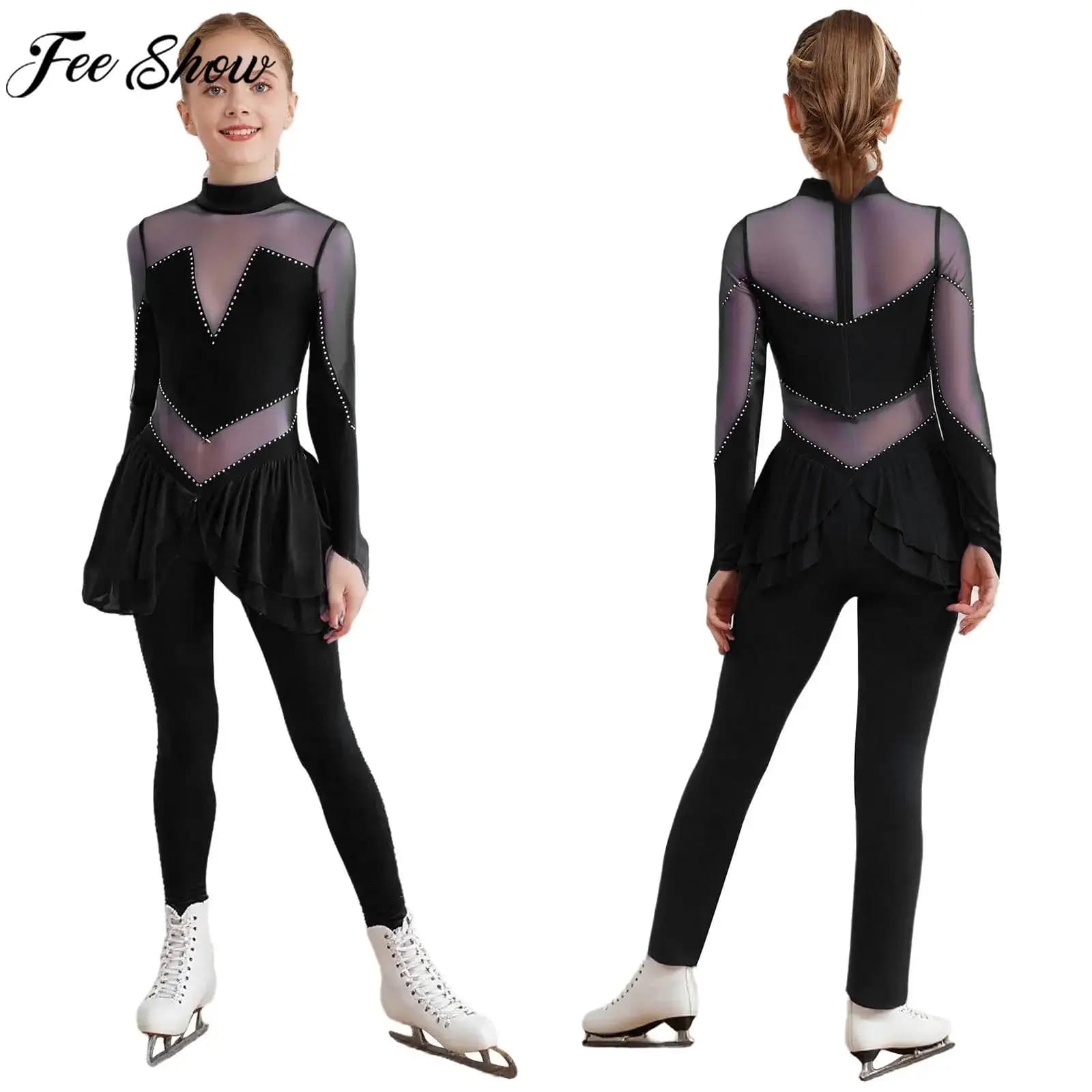 Bambini Ragazze Pattinaggio di Figura Balletto Danza Ginnastica Acrobazie Body Manica Lunga Maglia Trasparente Strass Lucidi Tuta Dancewear