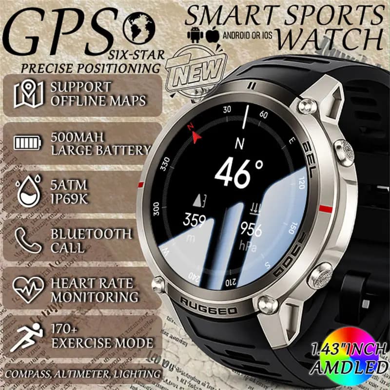2026 New Six-Star Gps Smartwatch 5Atm Waterproof Heart Rate Monitoring Hd Offline Map Tactical Smart Watch Men'S Sports Bracelet